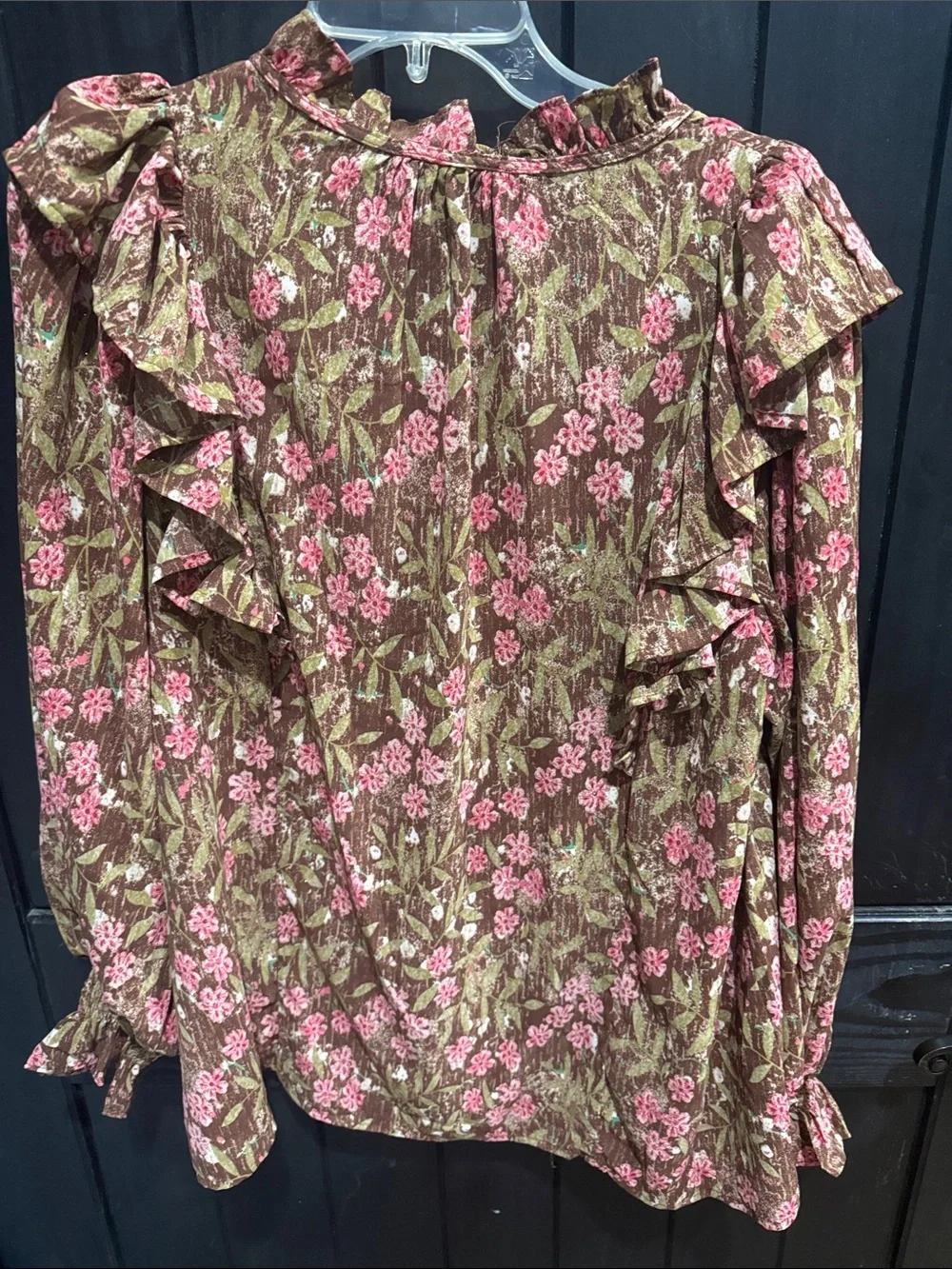 entro Floral Ruffle Tie-Neck Blouse in Brown & Pink - Picture 6 of 6